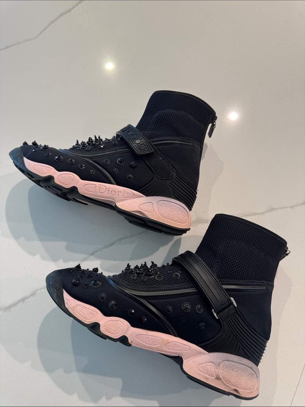 Dior Black Embellished Sock Sneakers with Pink Midsole - Picture 6 of 9